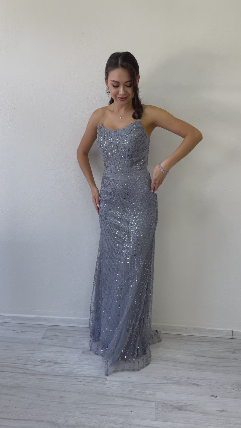 Women's Gray Strapless Sequin Embellished Long Evening Gown