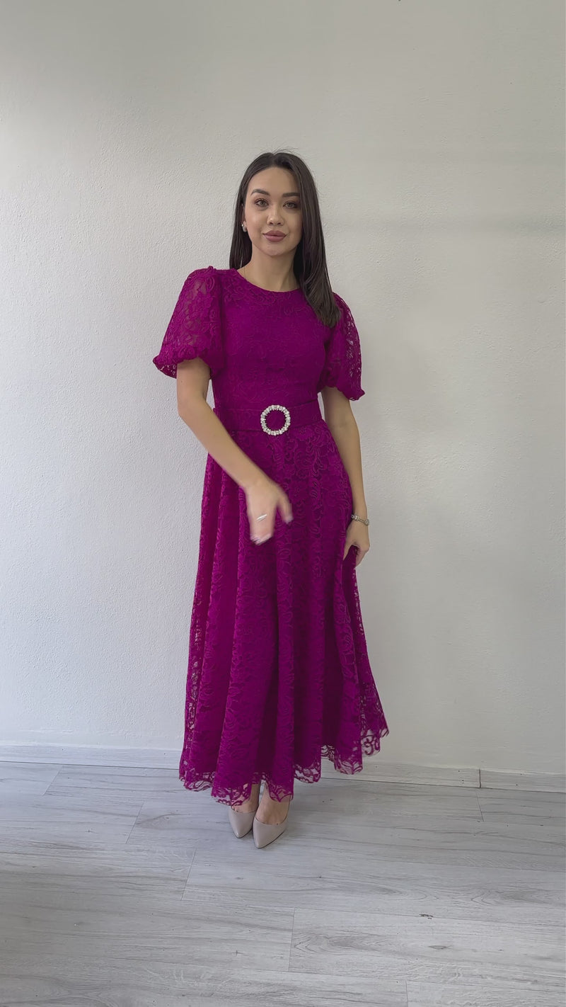Women's Fuchsia Balloon Sleeve Maxi Belted Lace Dress