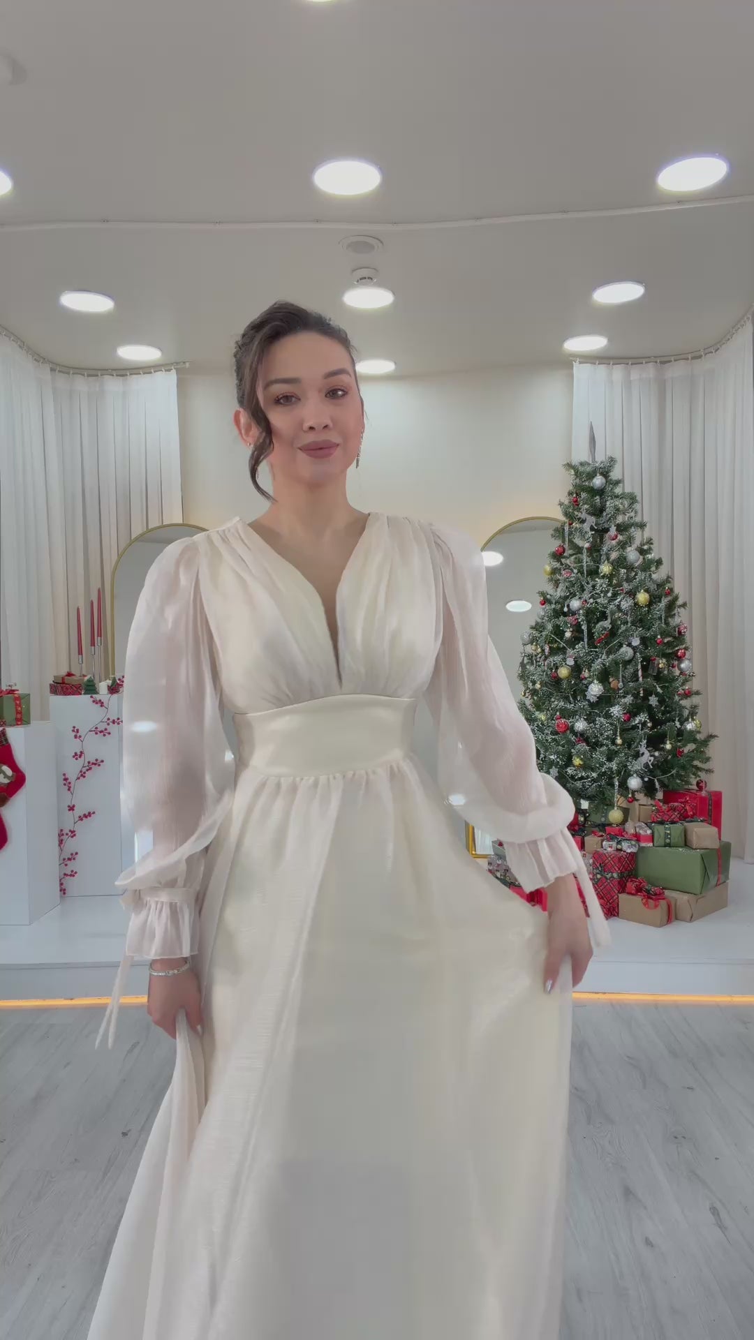 Women's Asymmetric Skirt Krem Karpuz Sleeve Princess V-Neck Evening Gown