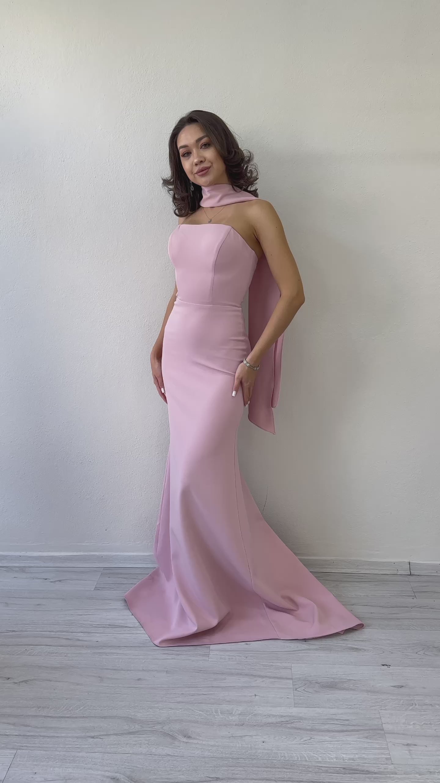 Women's Powder Pink Shawl Collar Detail Strapless Mermaid Evening Gown