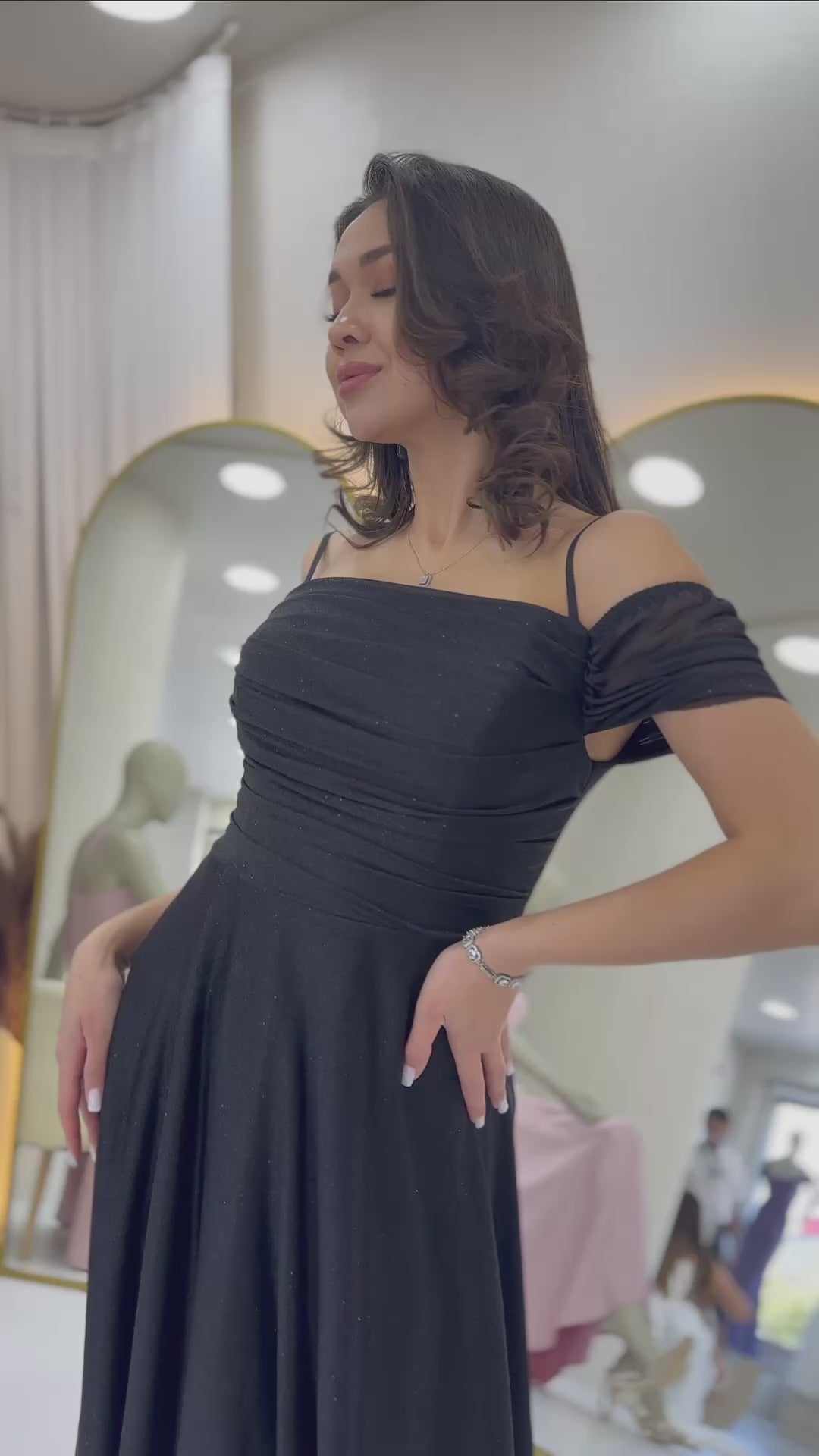 Women's Black Midi Flared Strap Off-Shoulder Evening Gown