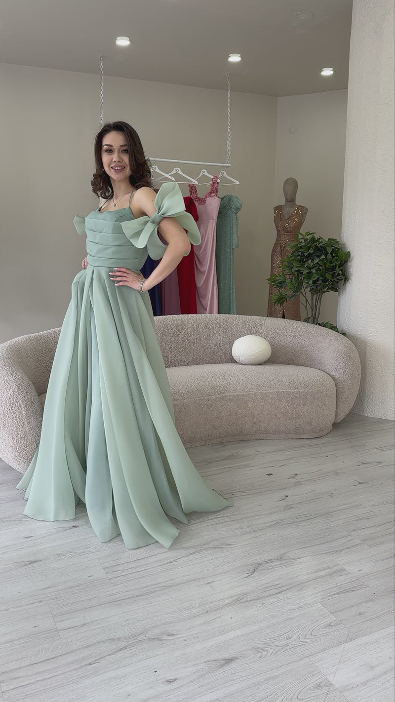 Women's Aqua Green Drapedd Halter Tie Bow Sleeve Detail Organze Evening Gown