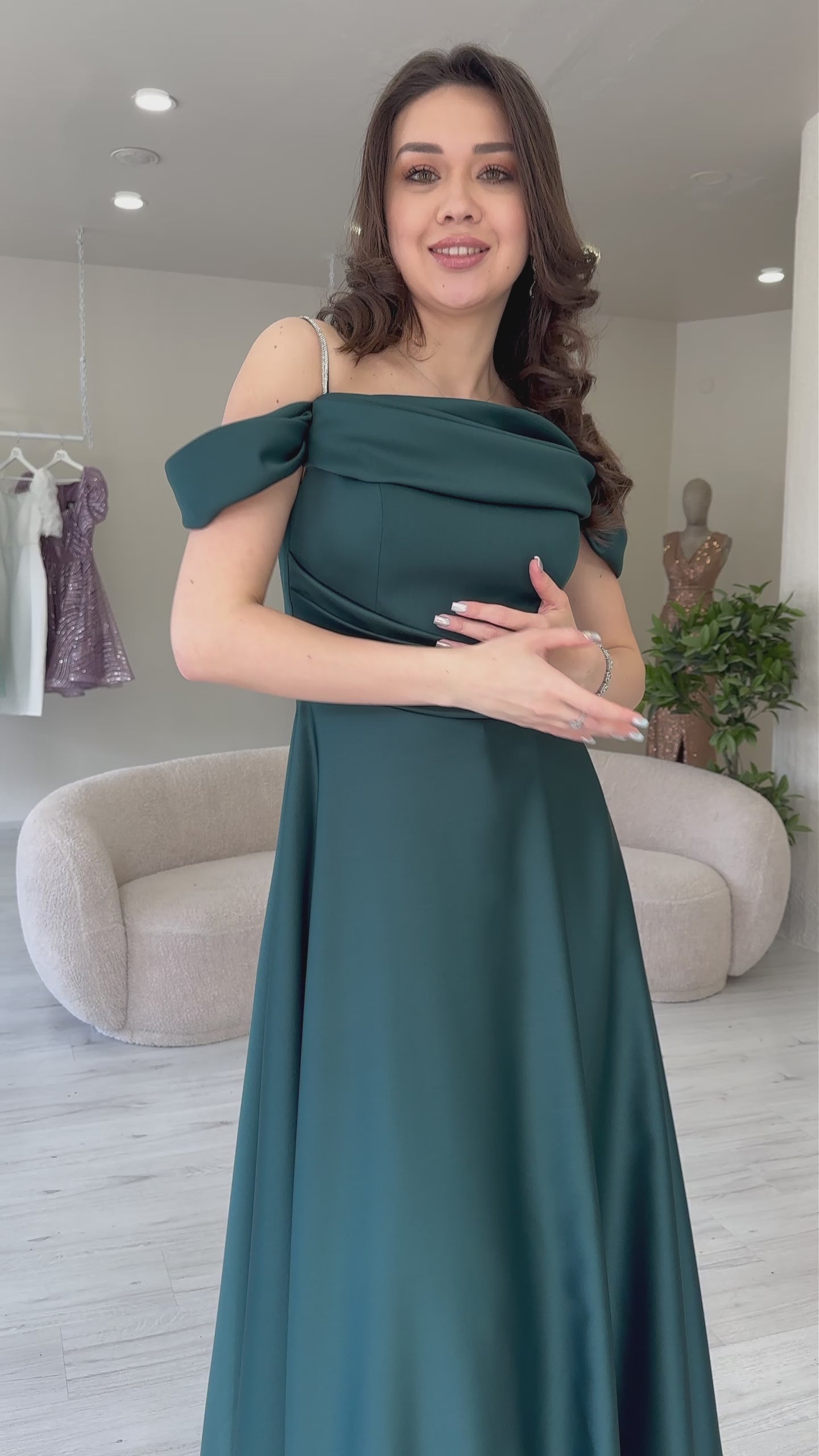 Emerald Green Stone Strap Satin Maxi Evening Dress