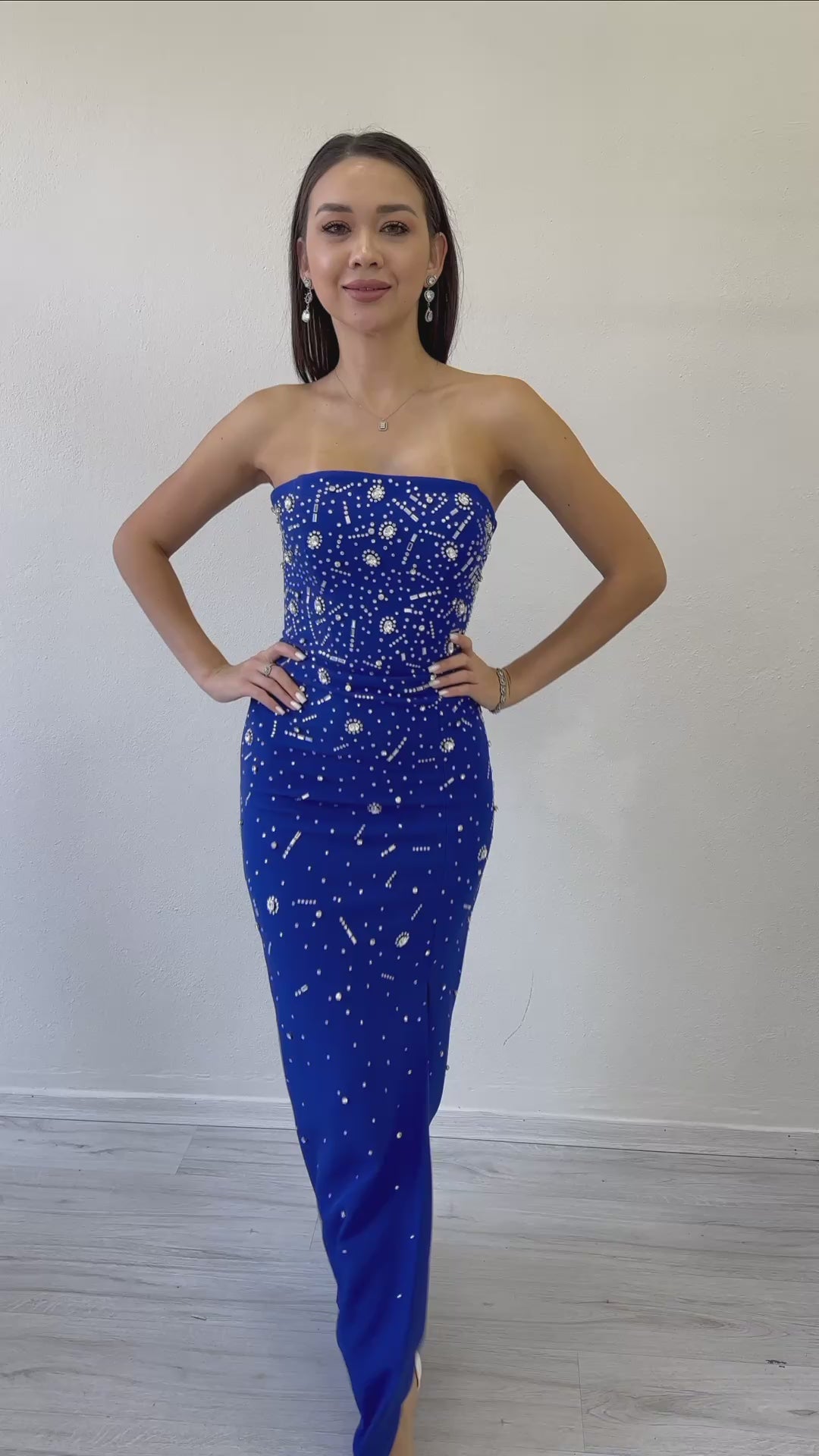 Women's Saxe Blue Strapless Taş işlemeli Slit Evening Gown