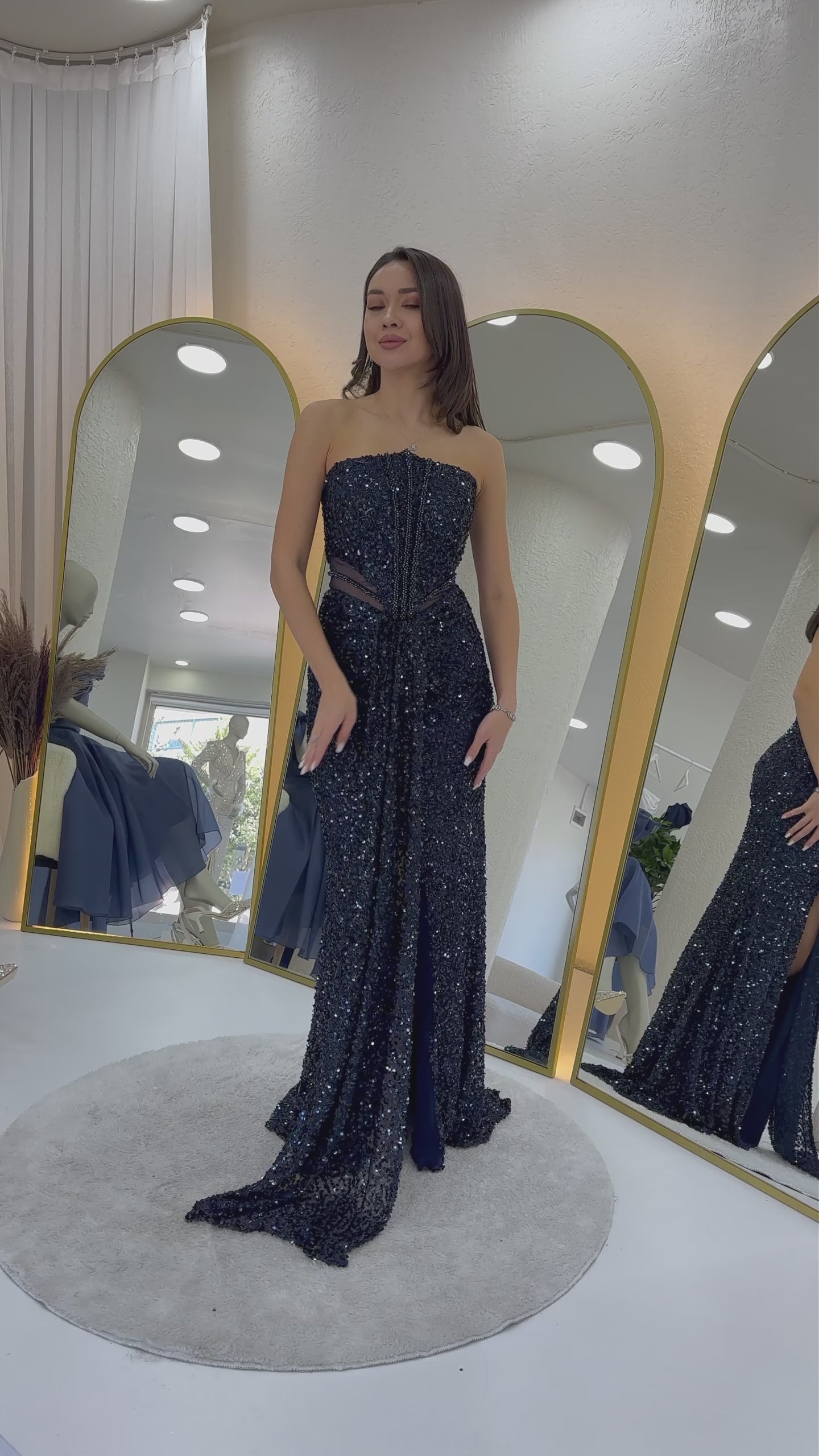 Women's Navy Blue Strapless Bel Dekolteli Sequin Evening Gown