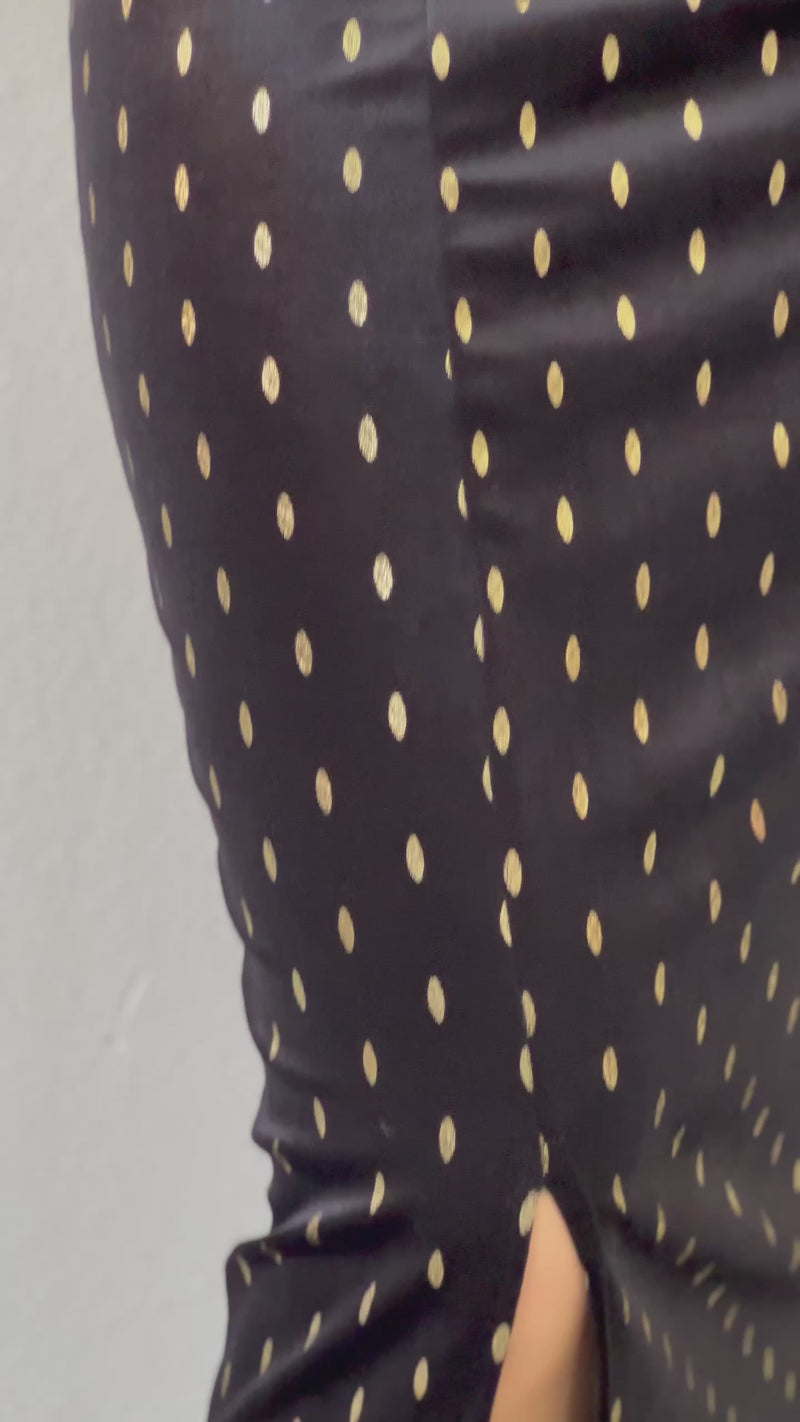 Black Gold Patterned Drapedd Velvet Midi Pencil Dress