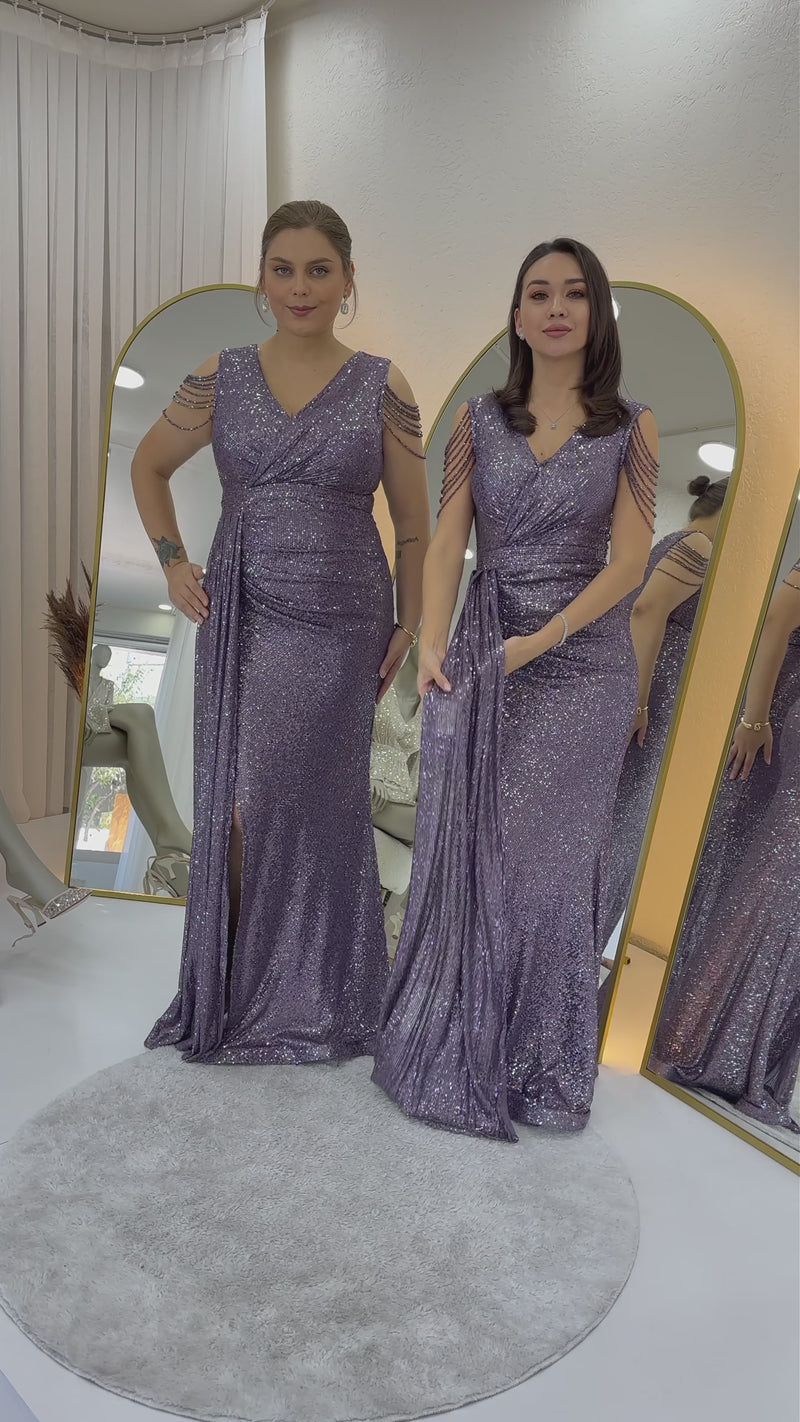 Women's Lilac Wrap Neck Shoulder Detail Sequin Plus Size Evening Gown