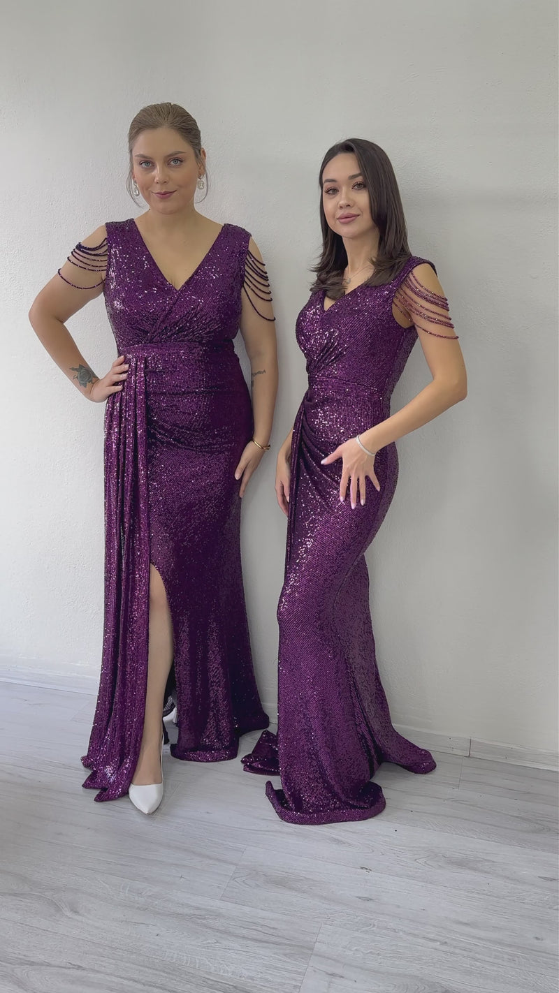 Women's Purple Wrap Neck Shoulder Detail Sequin Plus Size Evening Gown
