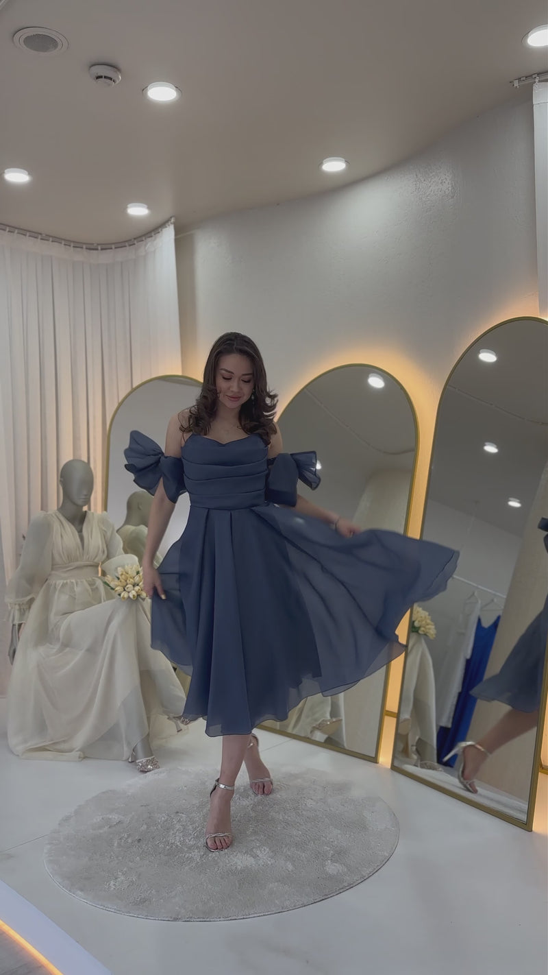 Women's Navy Blue Drapedd Halter Tie Bow Sleeve Detail Short Evening Gown