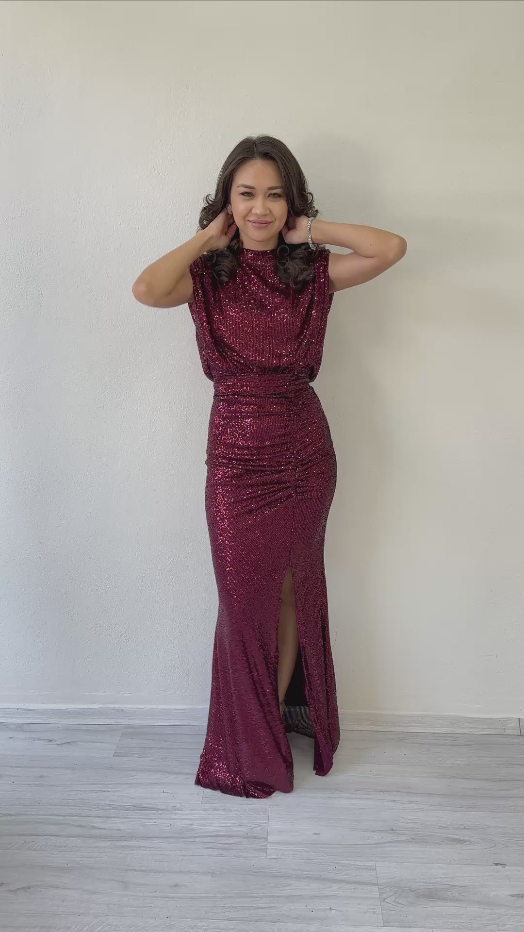 Women's Burgundy High Neck Kuşak Detail Slit Sequin Evening Gown