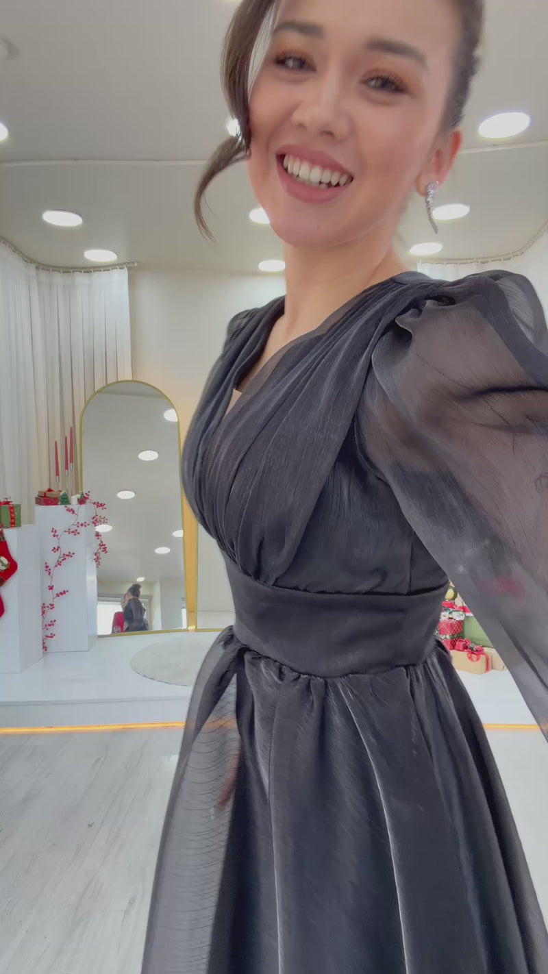 Women's Asymmetric Skirt Black Karpuz Sleeve Princess V-Neck Evening Gown