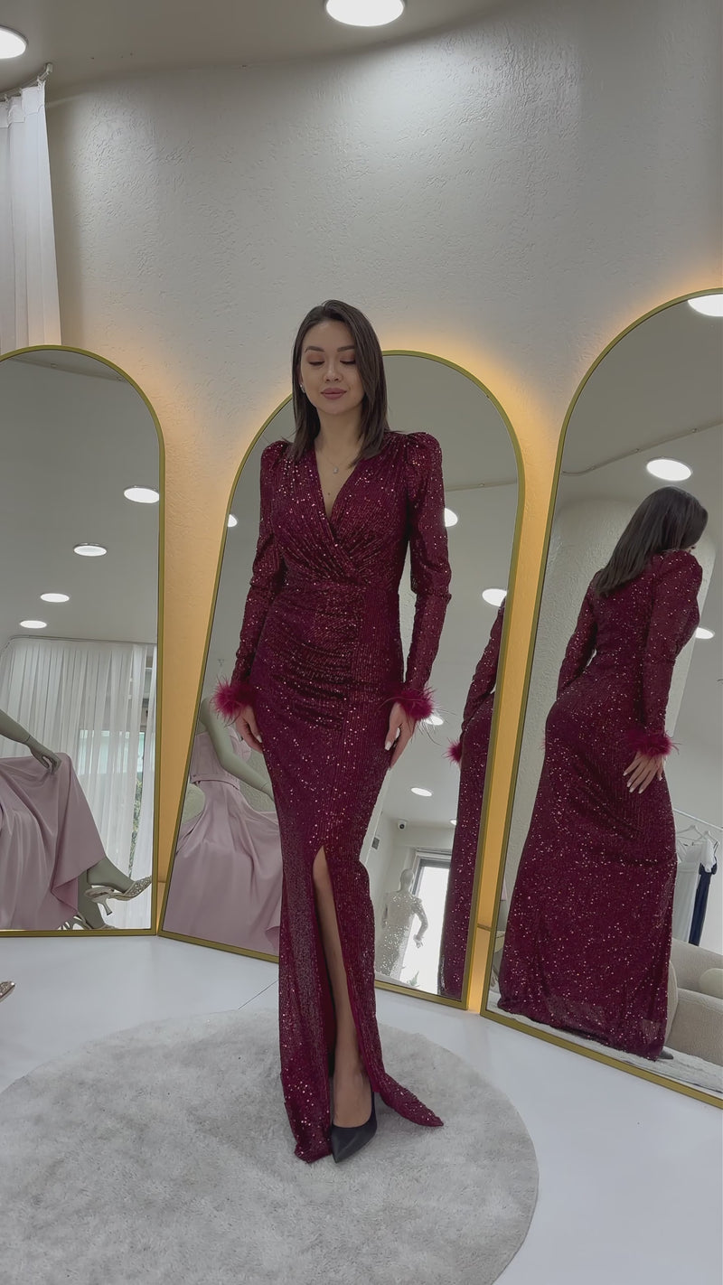 Women's Burgundy Wrap Neck Sequin Long Plus Size Evening Gown