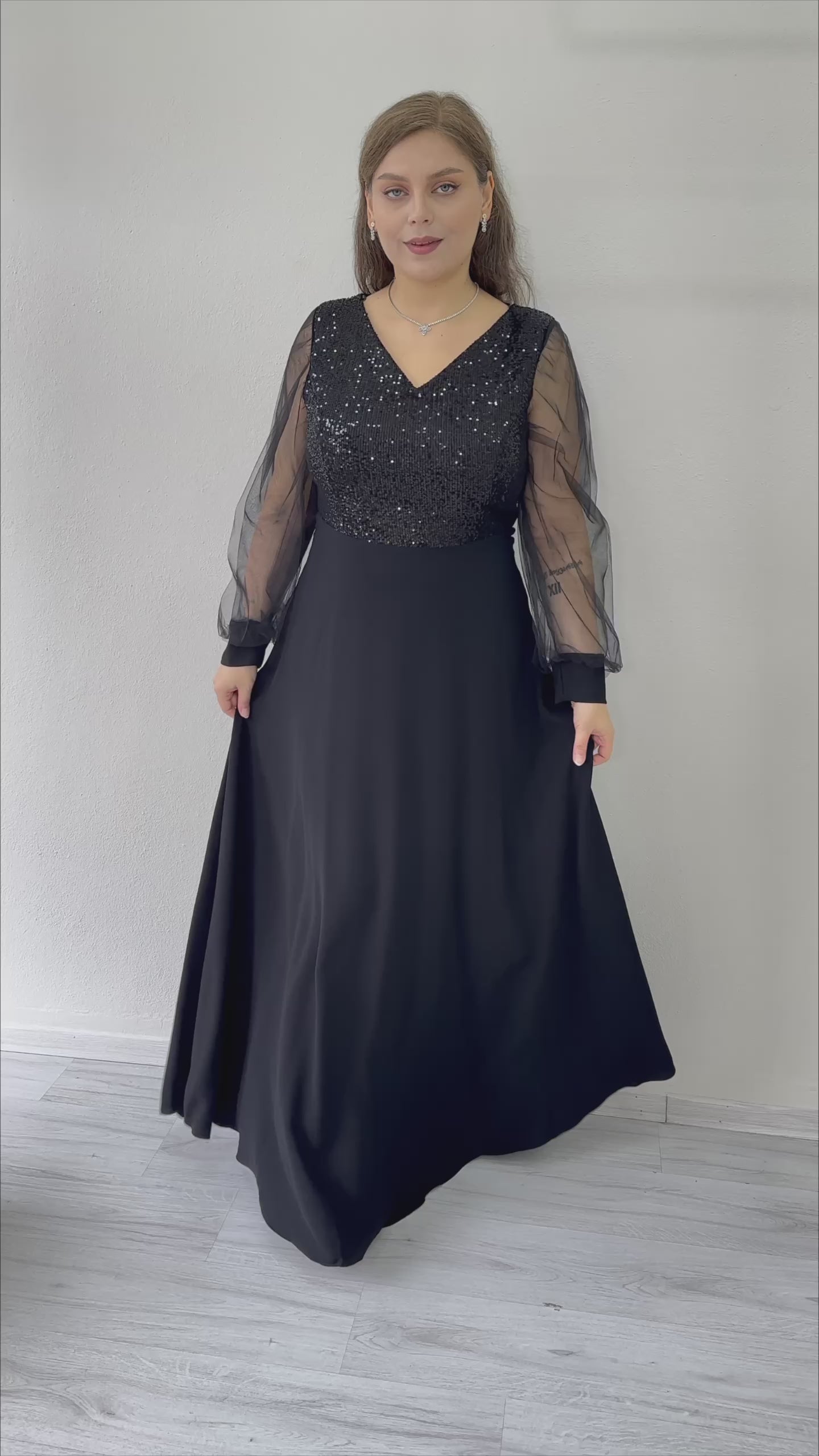 Women's Black Sheer Sleeve Sequin Plus Size Evening Gown