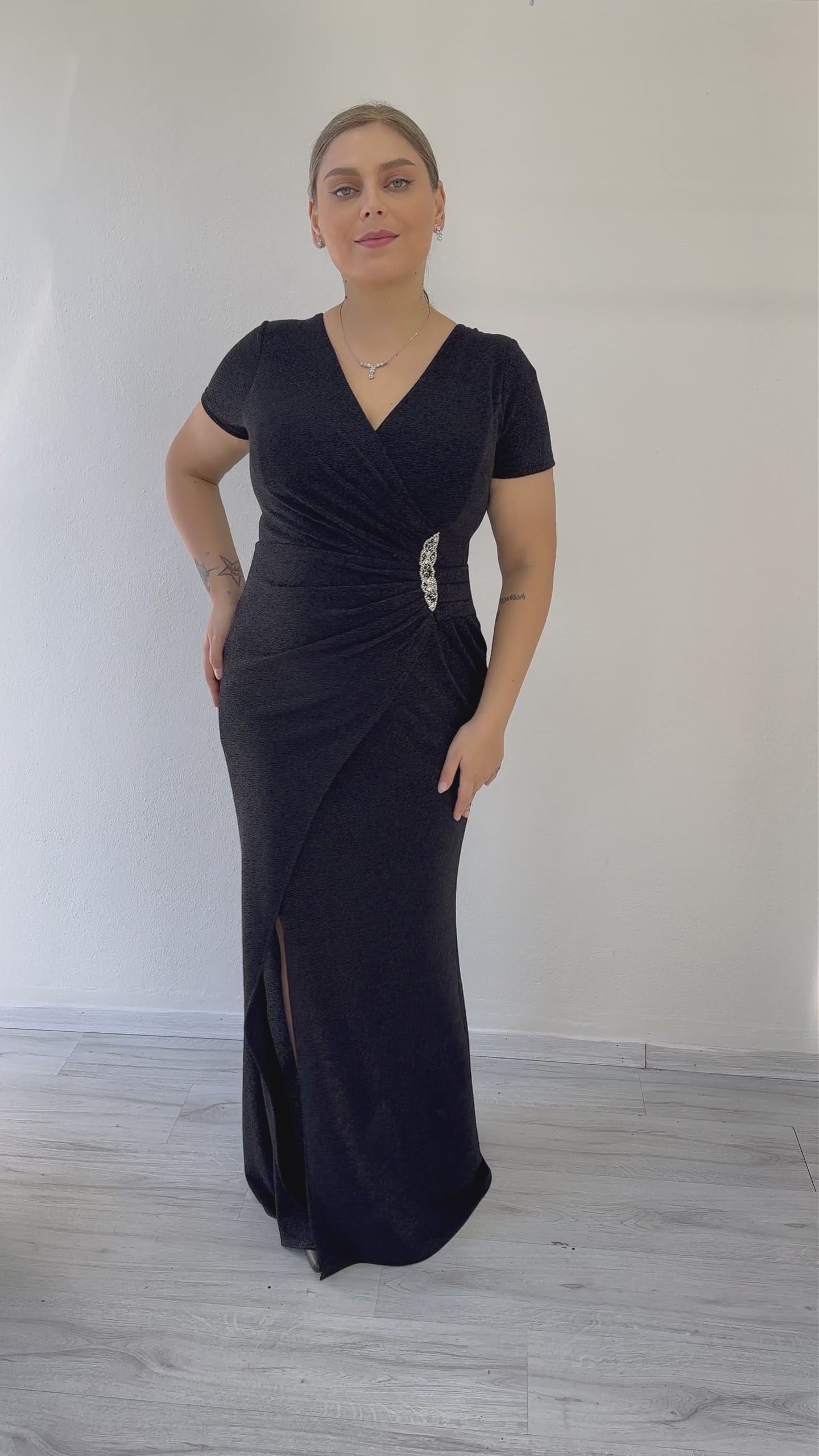 Women's Black Glitter Wrap Neck Crystal Embellished Plus Size Evening Gown