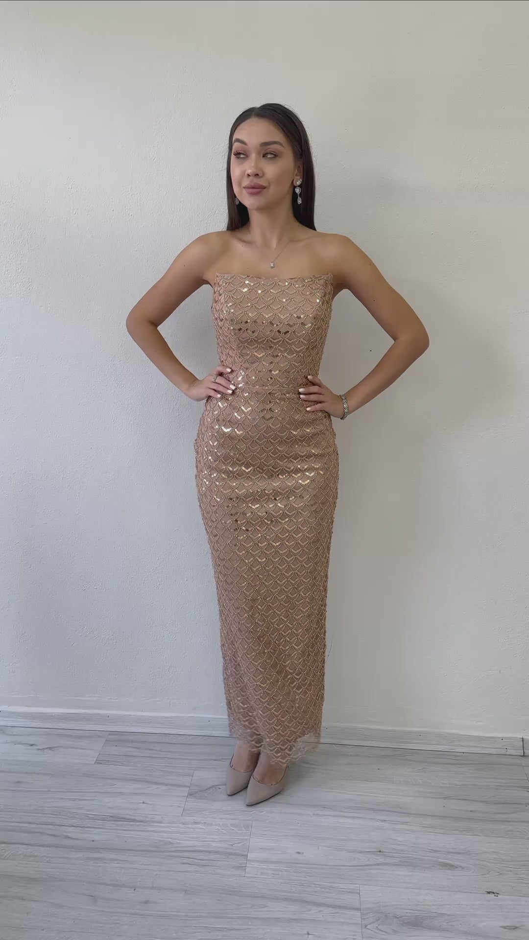 Women's Gold Strapless Beaded Midi Evening Gown