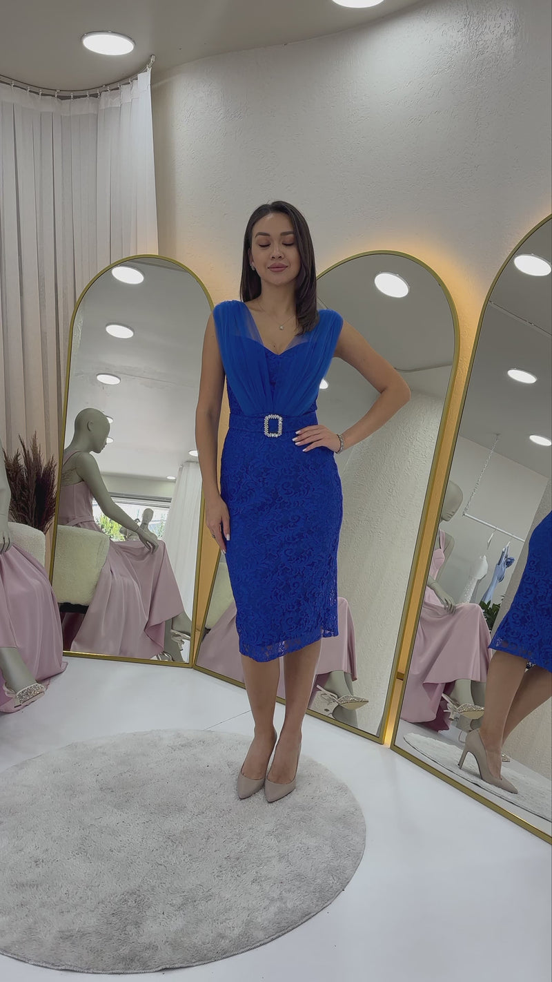 Women's Saxe Blue Lace Kumaş Tulle Detaillı Belted Midi Evening Gown