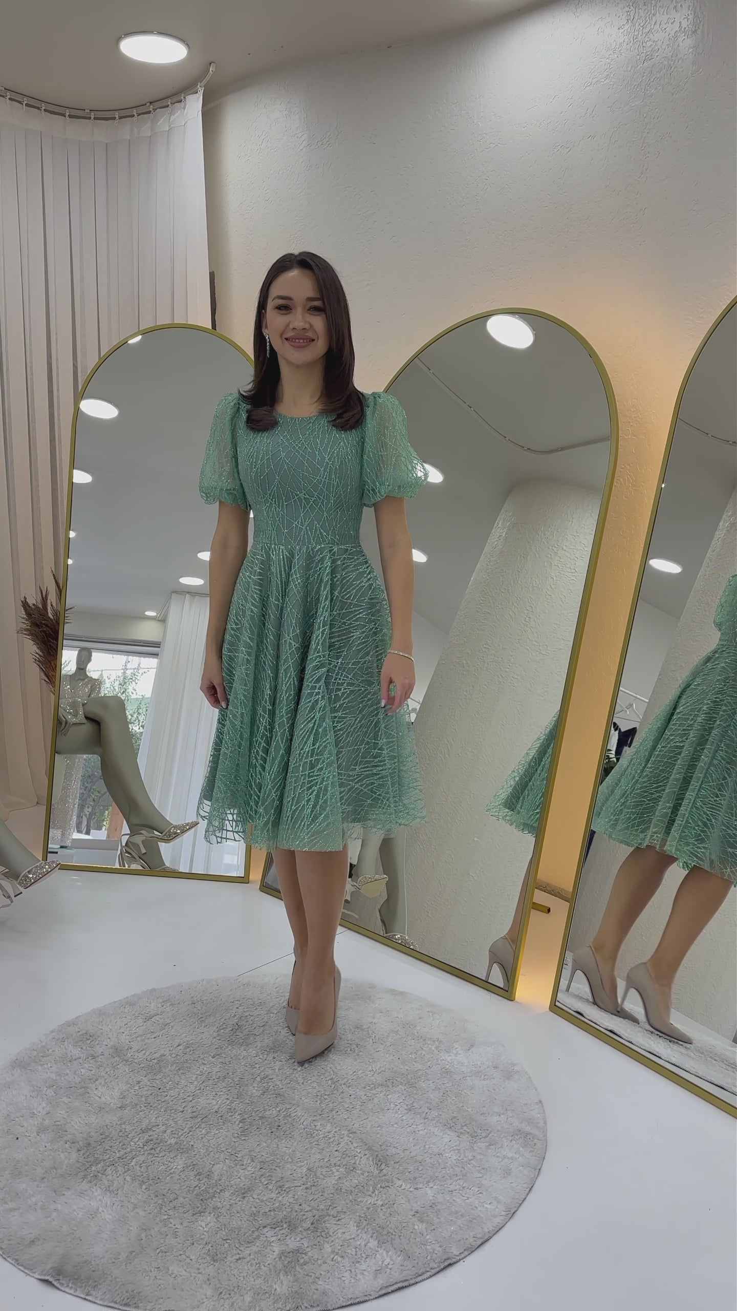 Women's Aqua Green Balloon Sleeve Glitter Flared Midi Evening Gown