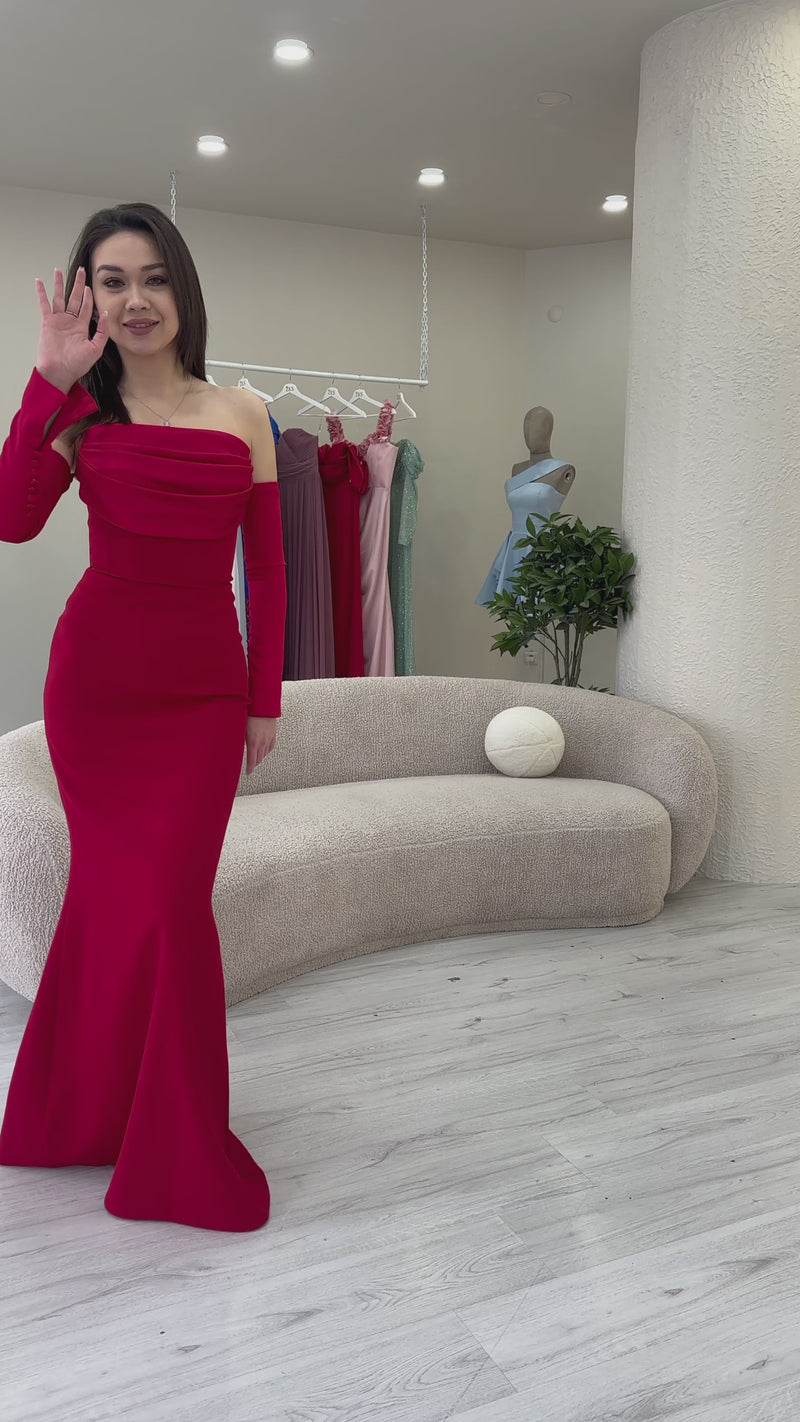 Red Strapless Satin Fishtail Evening Dress