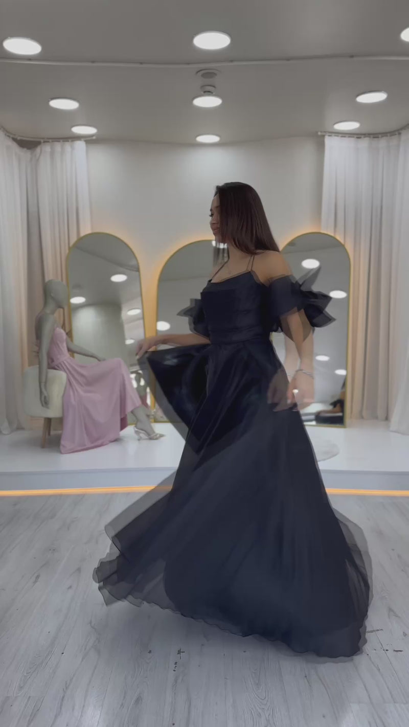 Women's Black Drapedd Halter Tie Bow Sleeve Detail Organze Evening Gown