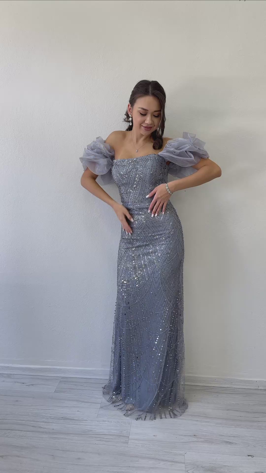 Women's Gray Balloon Sleeve Sequin Embellished Strapless Evening Gown