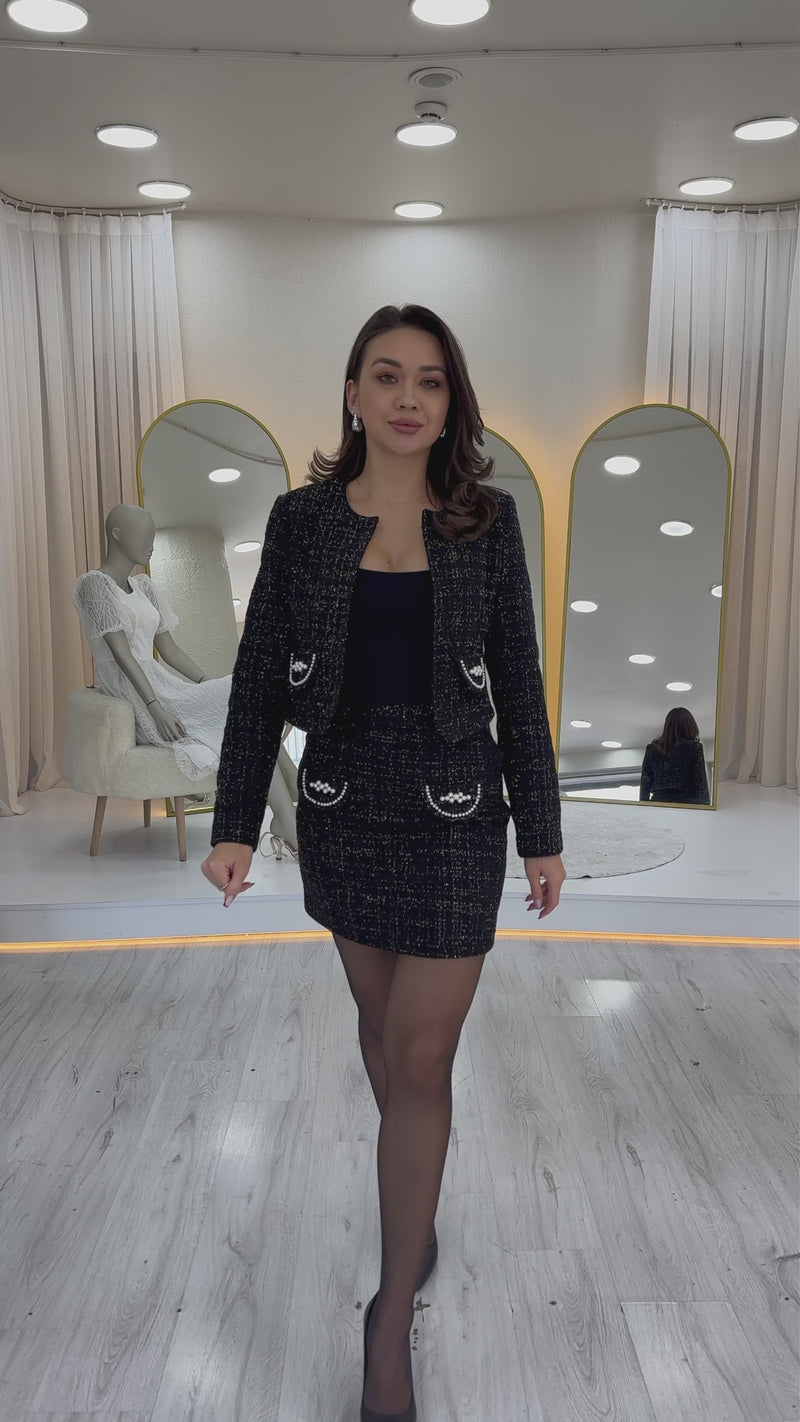 Women's Black Pearl Detail Jacket Skirt Two-Piece Set