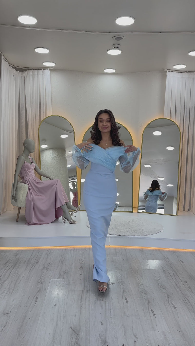 Women's Baby Blue Chiffon Sleeve Detaillı Off-Shoulder Mermaid Evening Gown