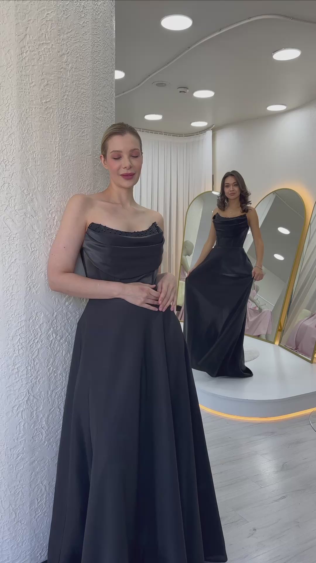 Women's Black Strapless Corset Detaillı Boncuklu Sırt Dekolteli Evening Gown