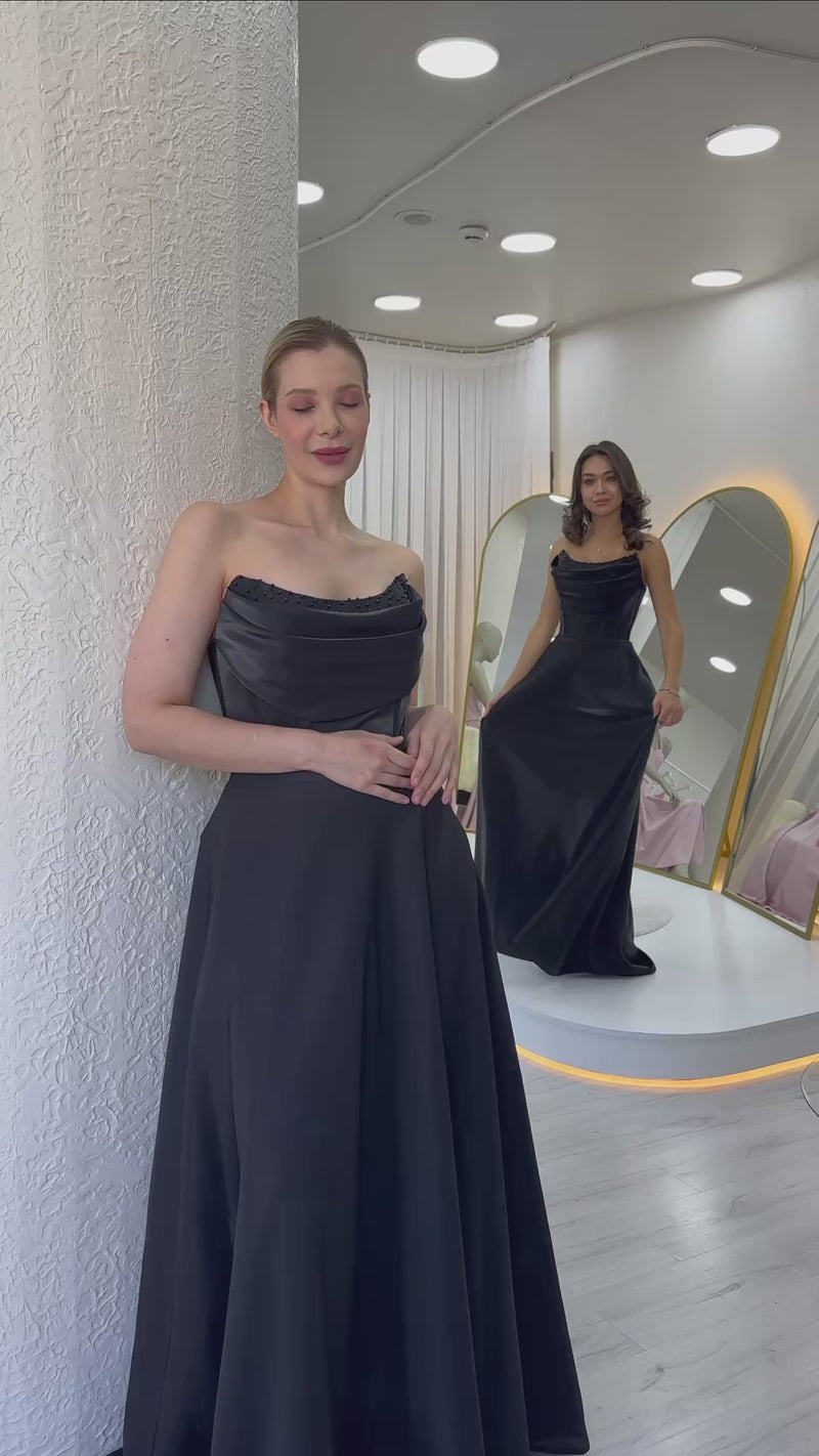 Women's Black Strapless Corset Detaillı Boncuklu Sırt Dekolteli Evening Gown