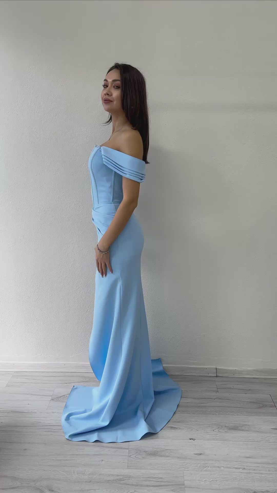 Women's Baby Blue Off-Shoulder Corset Detail Drapedd Evening Gown