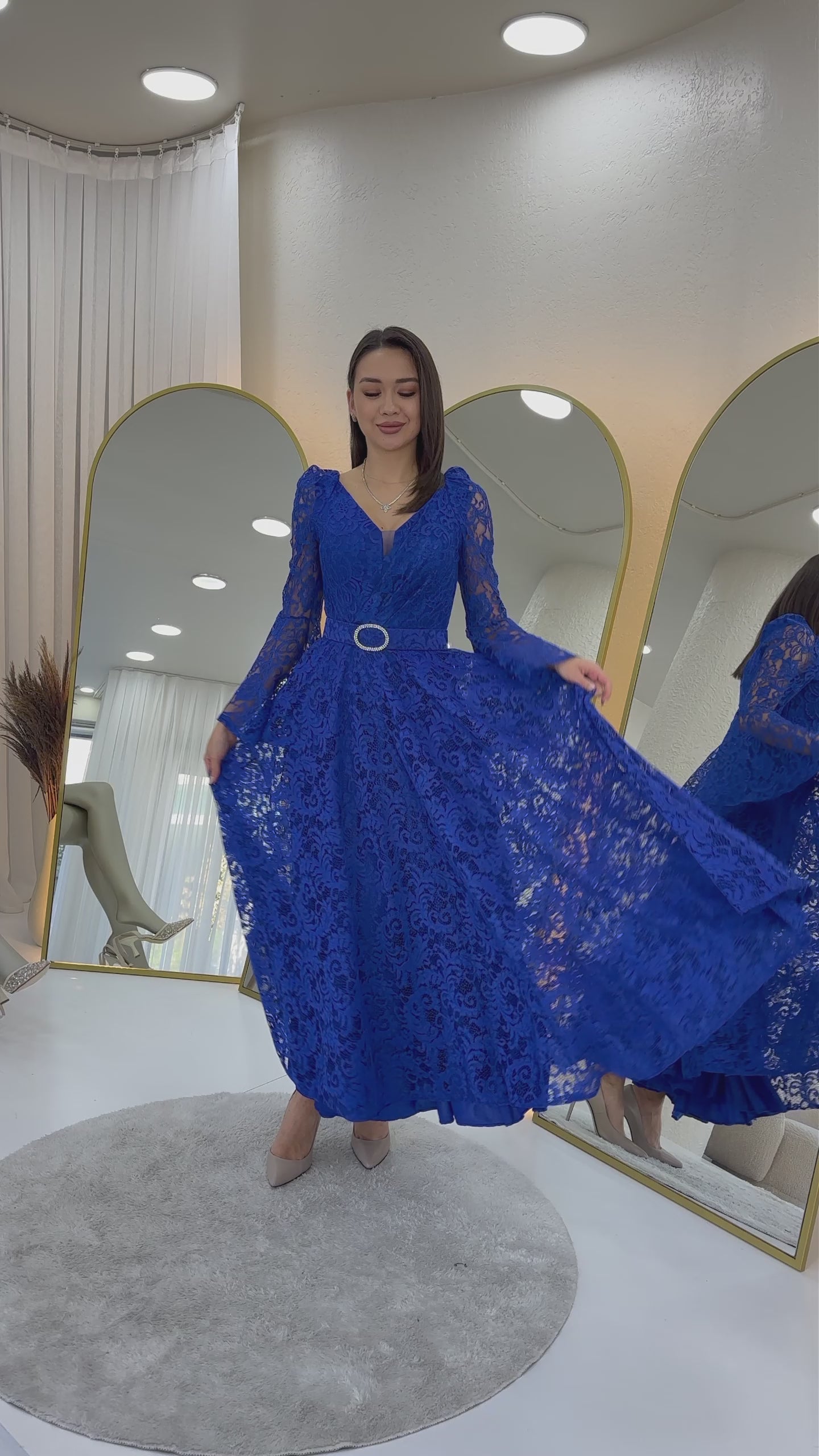 Women's Saxe Blue Wrap Neck Belt Detaillı Laceli Long Sleeve Midi Dress