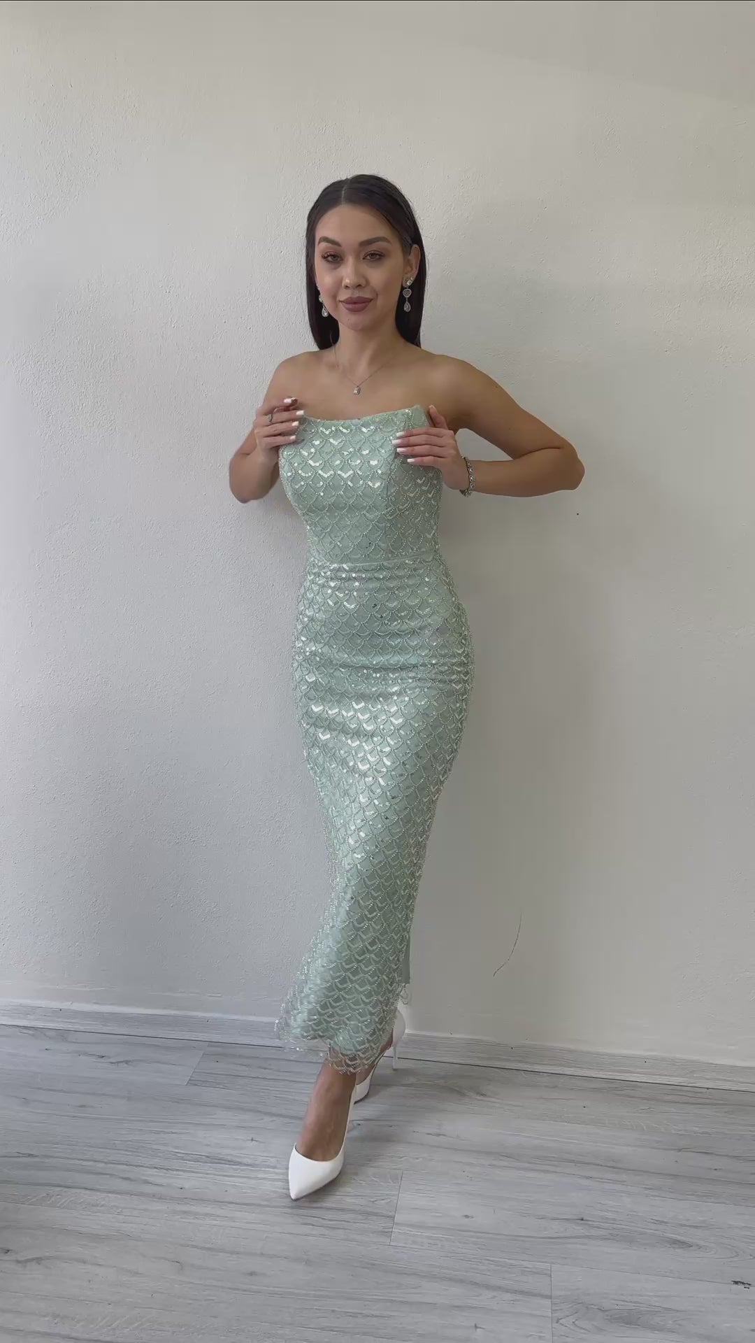 Women's Aqua Green Strapless Beaded Midi Evening Gown
