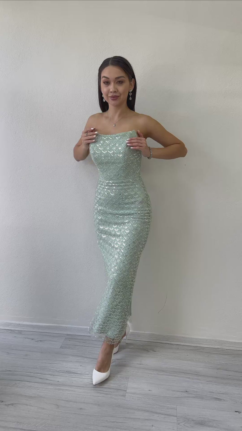 Women's Aqua Green Strapless Beaded Midi Evening Gown