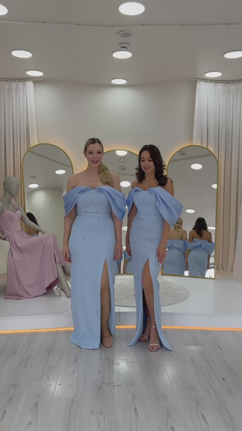 Women's Baby Blue Boat Neck Boncuk Detail Slit Evening Gown