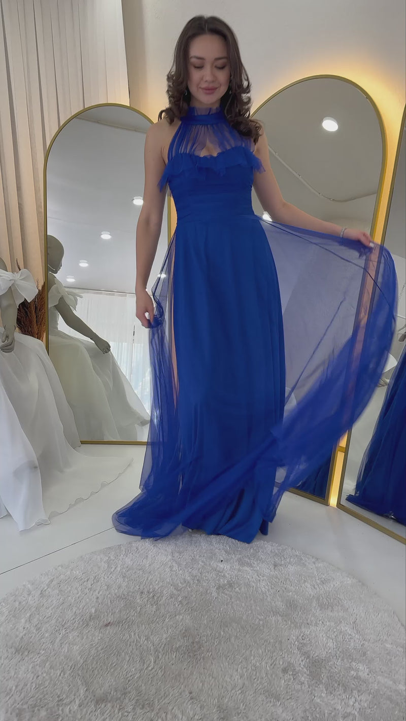 Women's Saxe Drapedd Sleevesuz Tulle Evening Gown