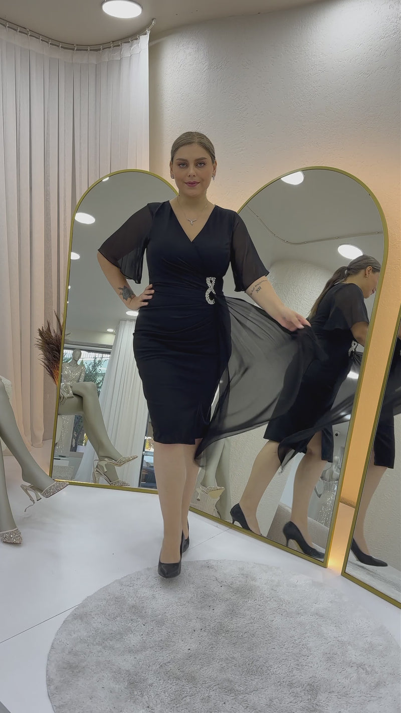 Women's Black Half Sleeve Crystal Embellished Midi Plus Size Evening Gown