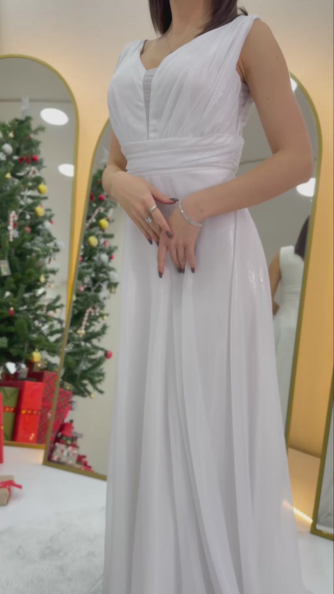 Women's White Sleeveless Sheer Detail Evening Gown