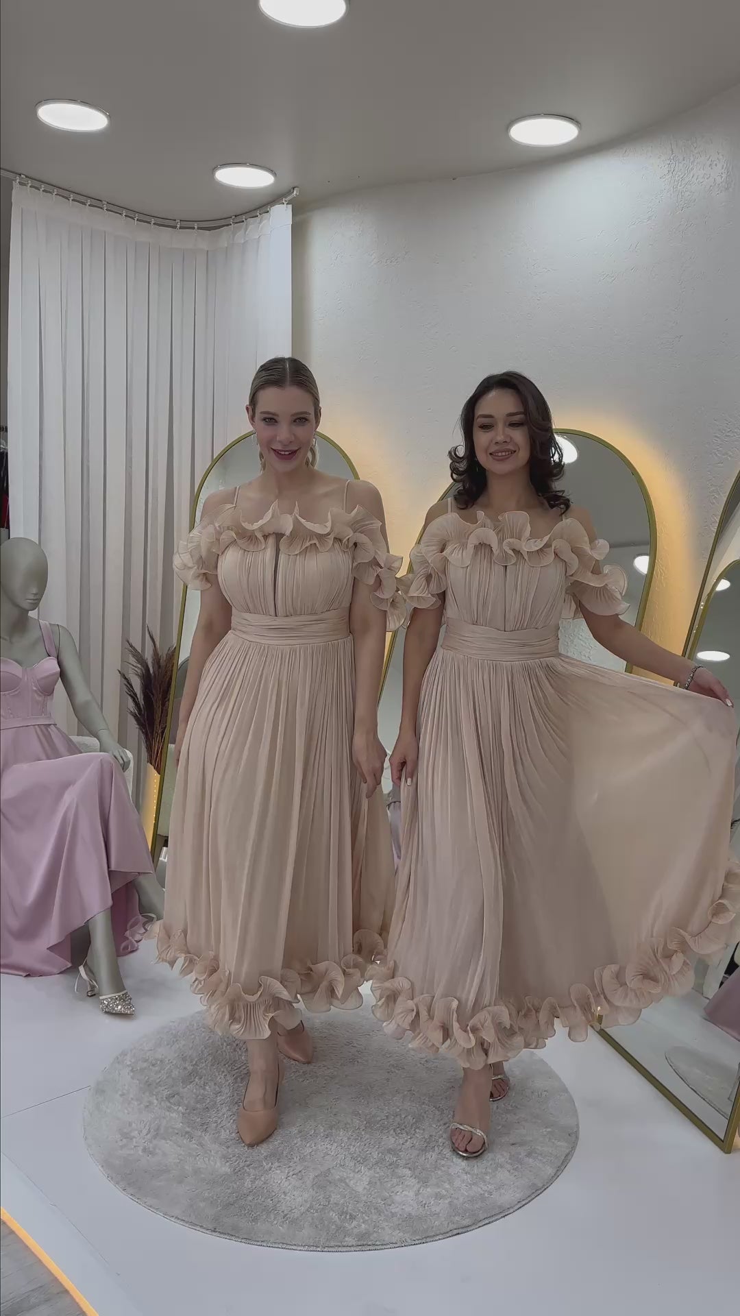 Women's Krem Off-Shoulder Strap Ruffle Detaillı Midi Evening Gown