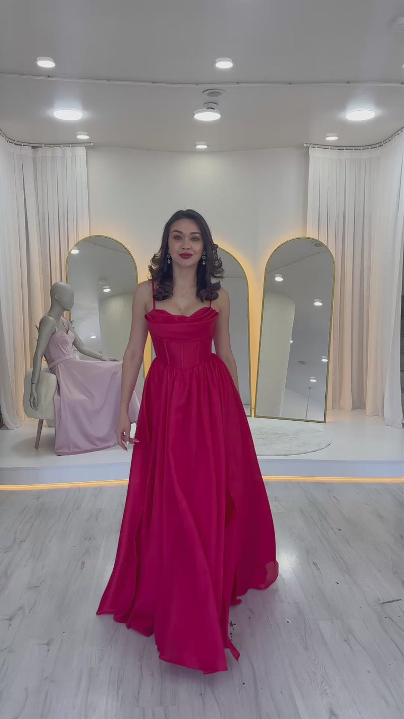 Women's Red Sırt Dekolteli Corset Detail Slit Evening Gown