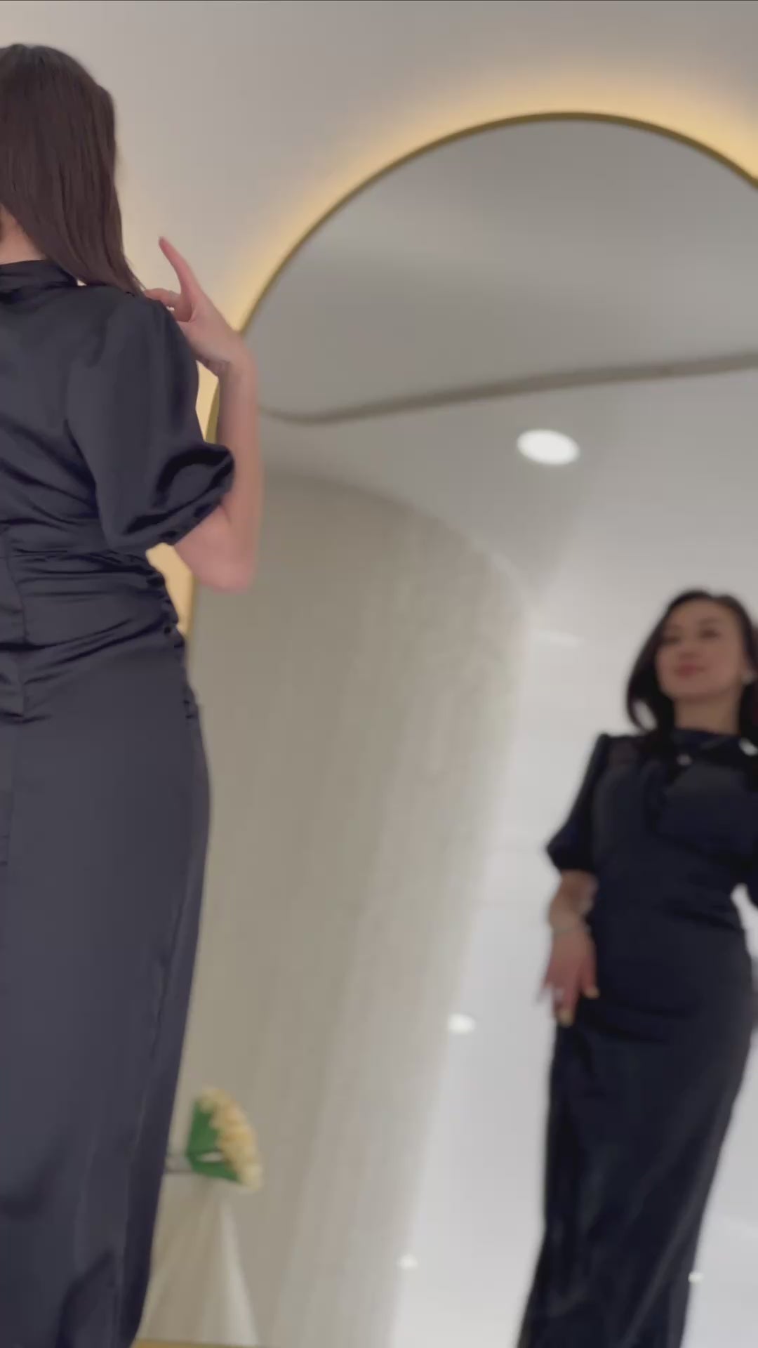 Black Satin Short-Sleeve Evening Dress