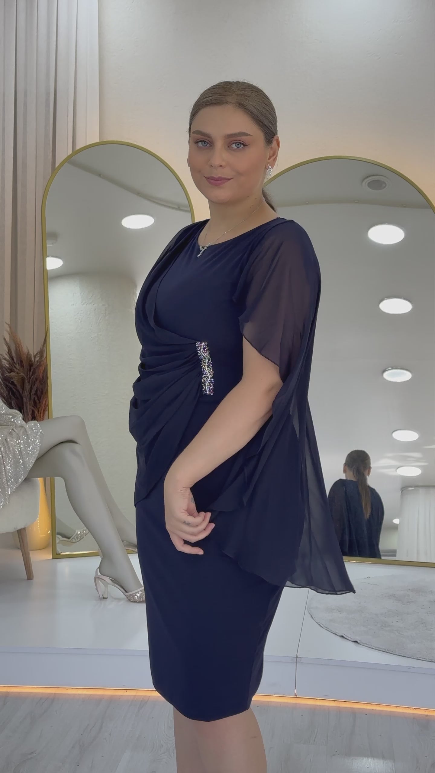 Women's Navy Blue Plus Size Midi Chiffon Pelerinli Evening Gown