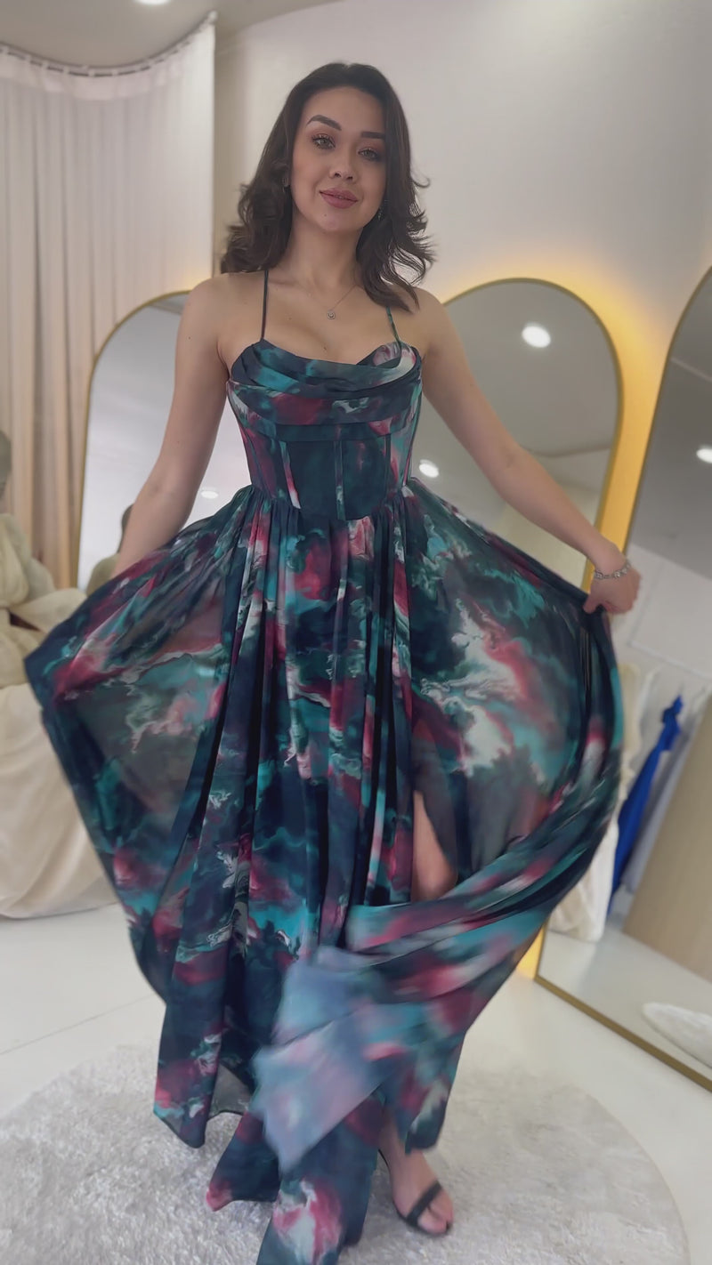 Petrol Green Thin-Strapped Chiffon Maxi Evening Dress