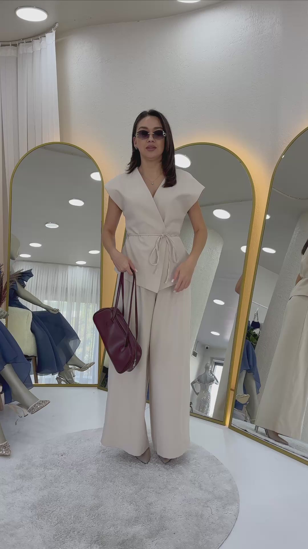 Women's Krem Bol Paça Dökümlü Tie Vest Pants Two-Piece Set