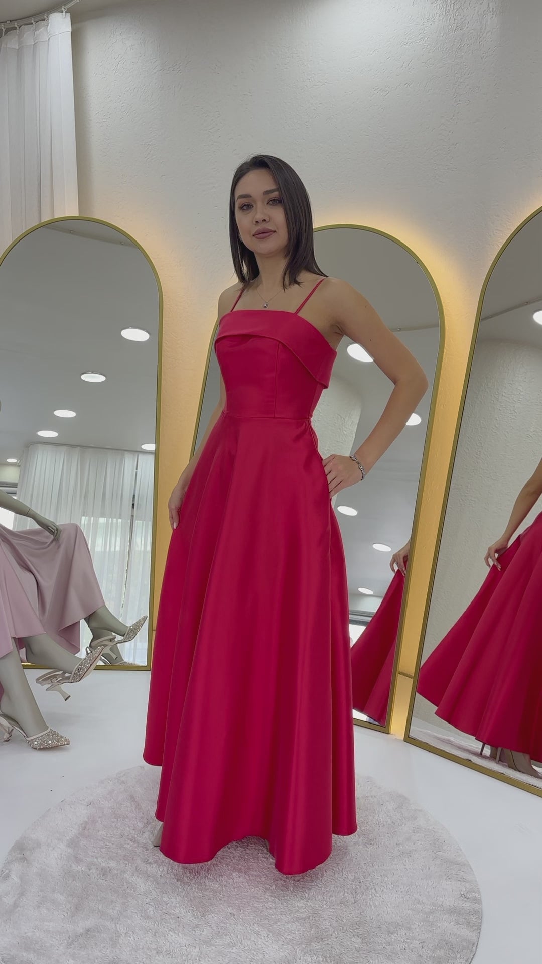 Women's Red İnce Strap Cep Detaillı Evening Gown