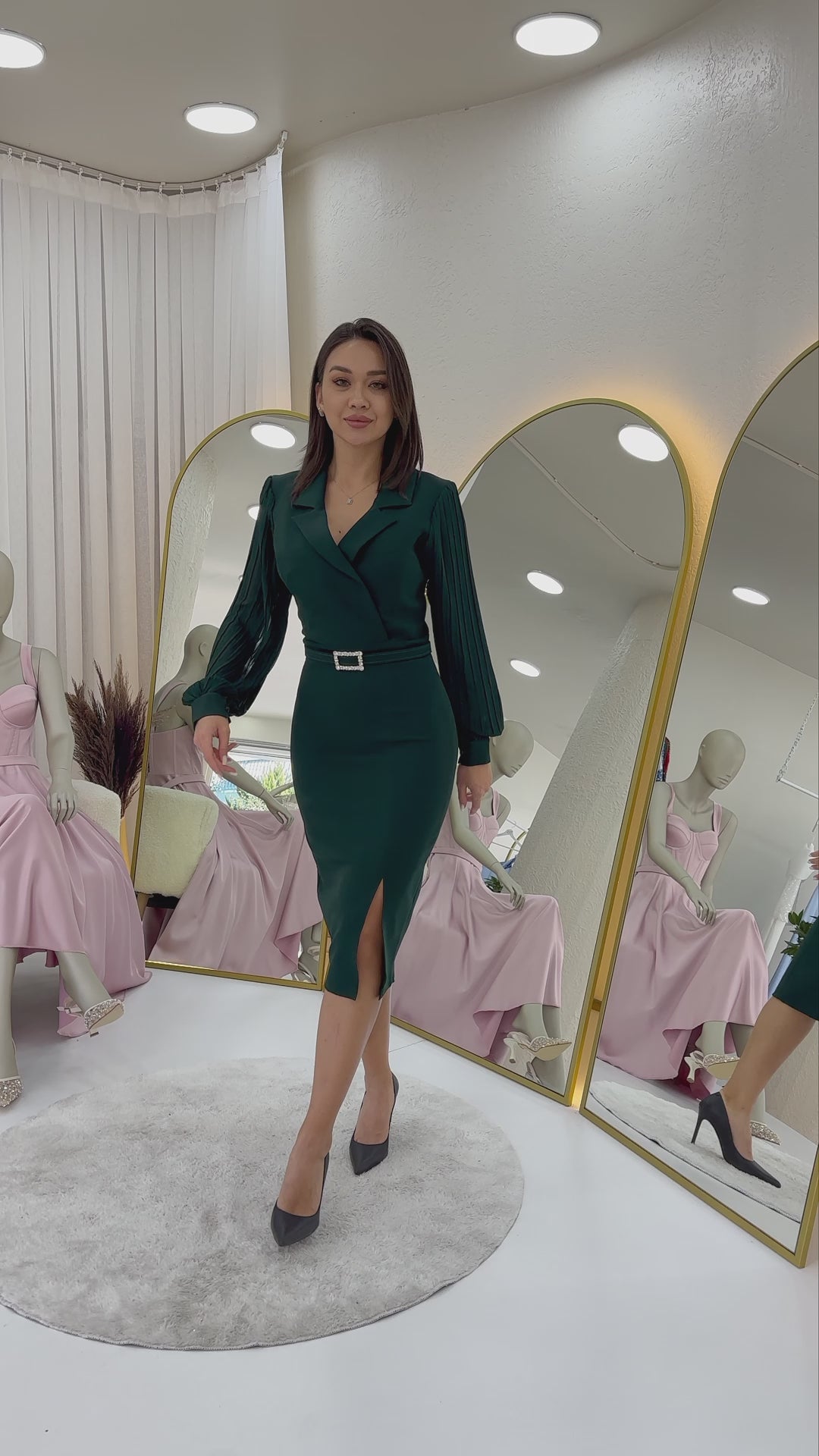 Women's Green Wrap Neck Belted Midi Pencil Dress