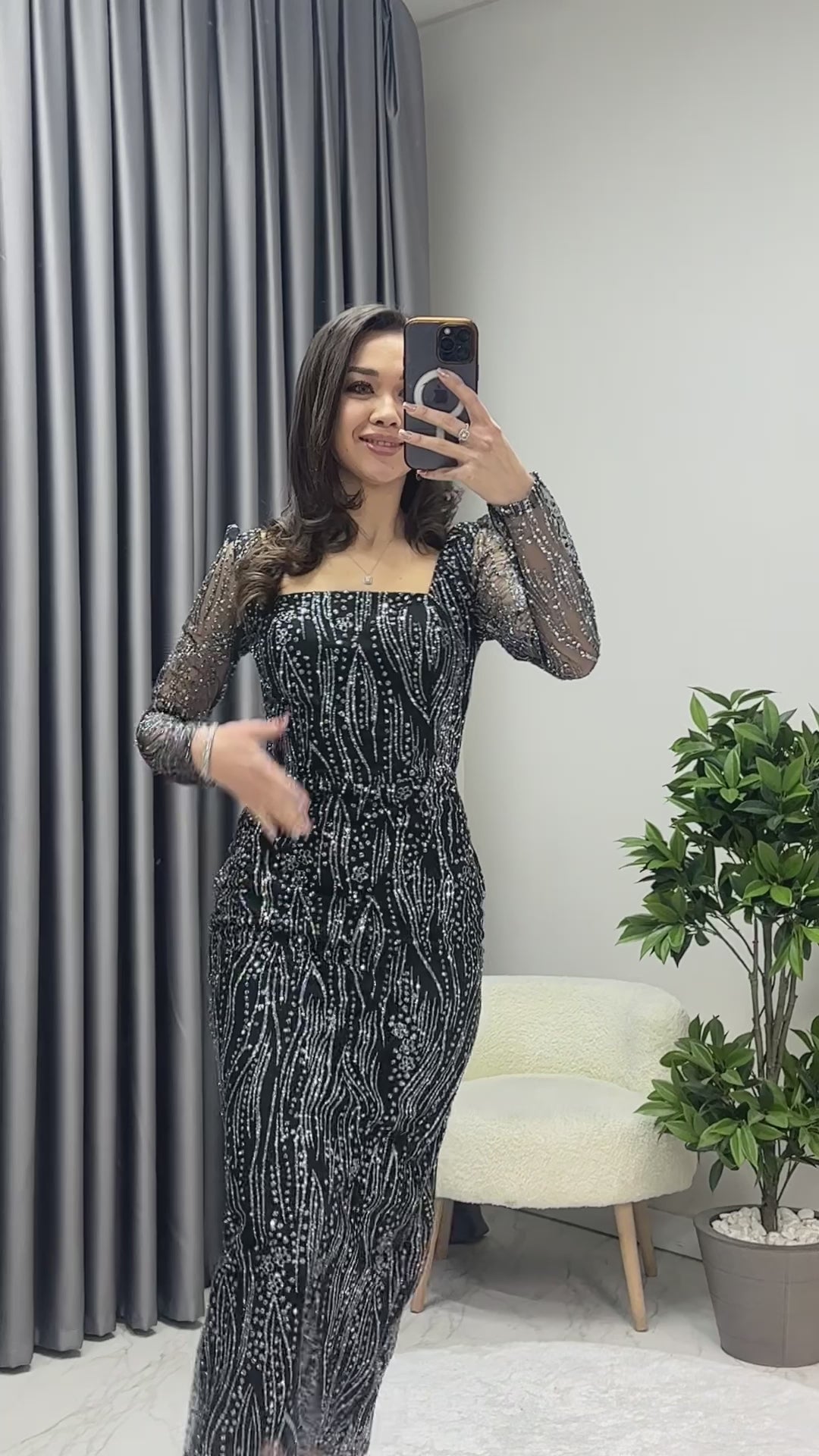 Black Square Neck Glittery Midi-Lenght Evening Dress