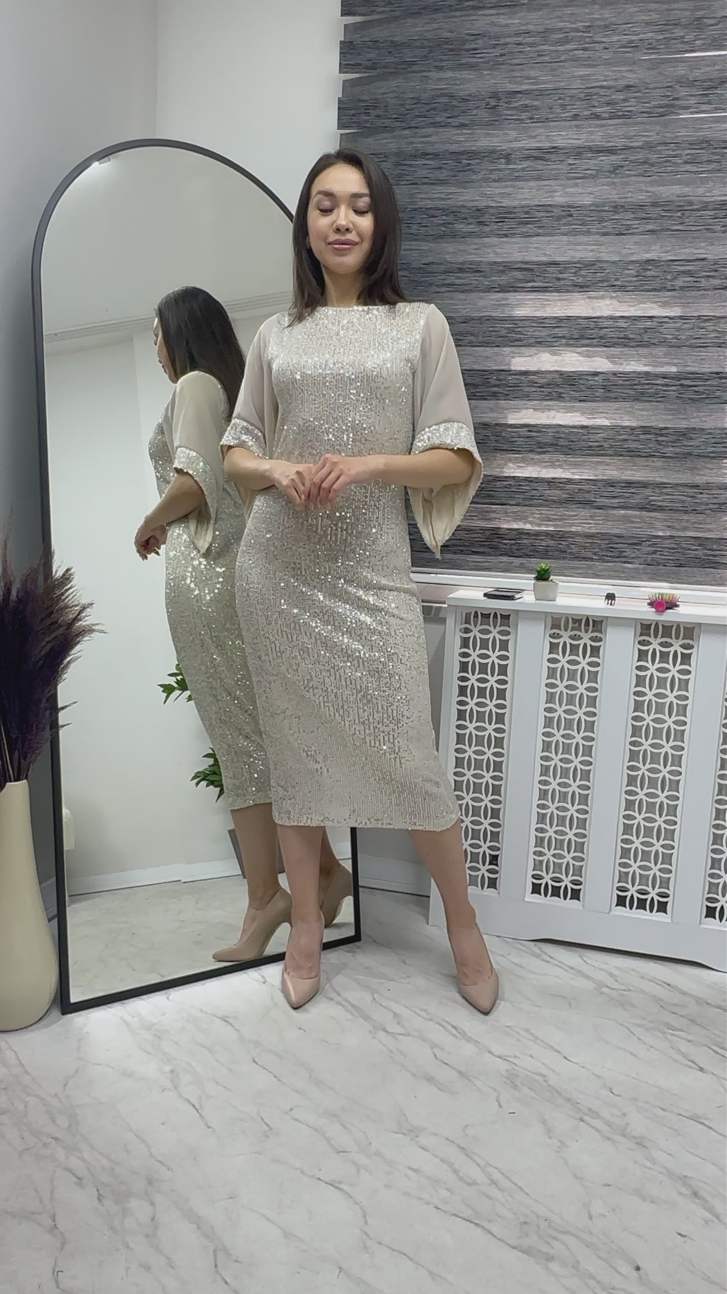 Beige Midi Sequin Evening Dress