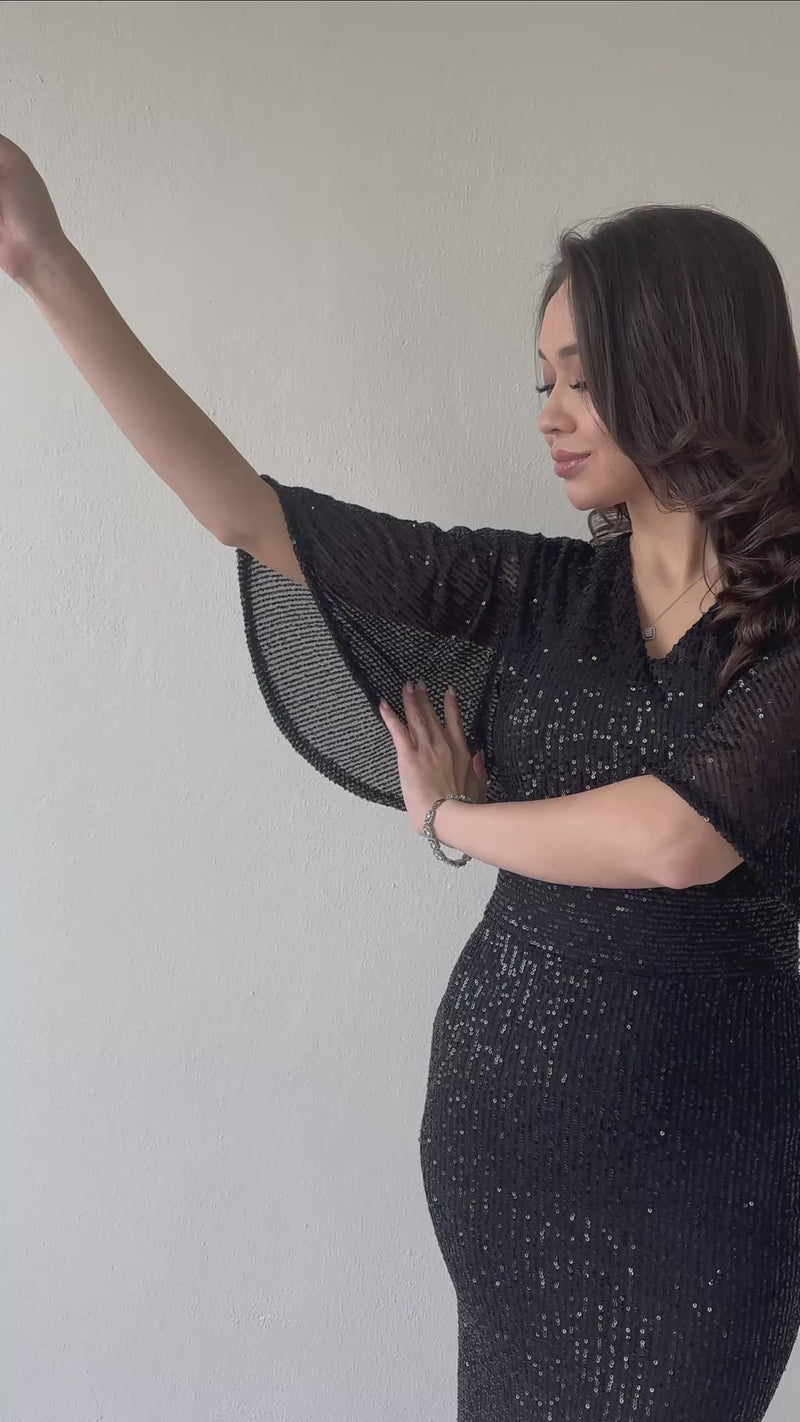 Women's Black Ruffle Sleeve Sequin Mermaid Evening Gown