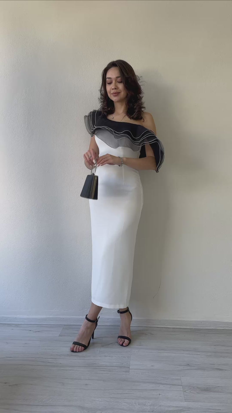 Women's White Tek Omuz Ruffle Şerit Detaillı Midi Pencil Dress