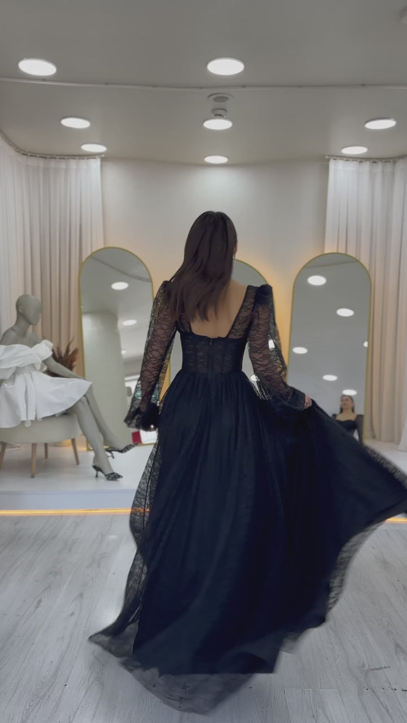 Women's Black Lace Kumaş Corset Detaillı Long Slit Evening Gown