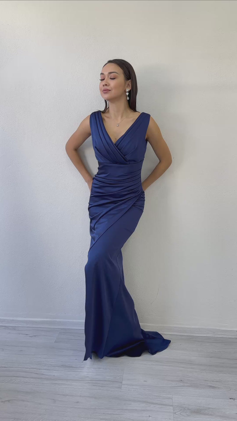Women's Navy Blue Thick Strap Drapedd Satin Wrap Neck Evening Gown